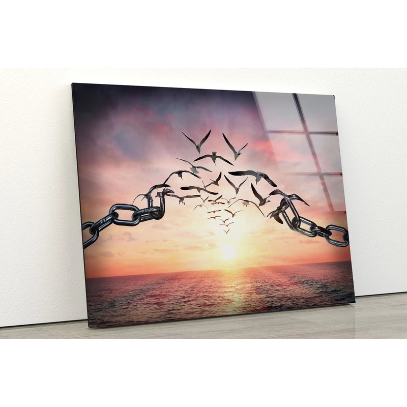 Birds with Chain Sunset Acrylic Glass Print Tempered Glass Wall Art 100% Made in Australia Ready to Hang