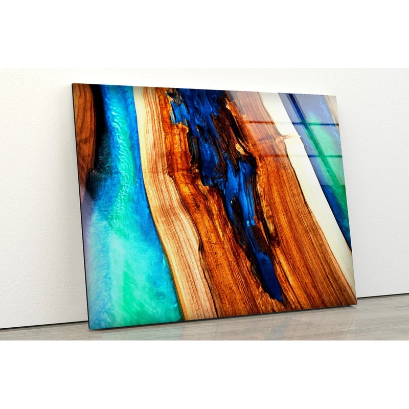 Blue & Green Resin with Wood Photograph Acrylic Glass Print Tempered Glass Wall Art 100% Made in Australia Ready to Hang