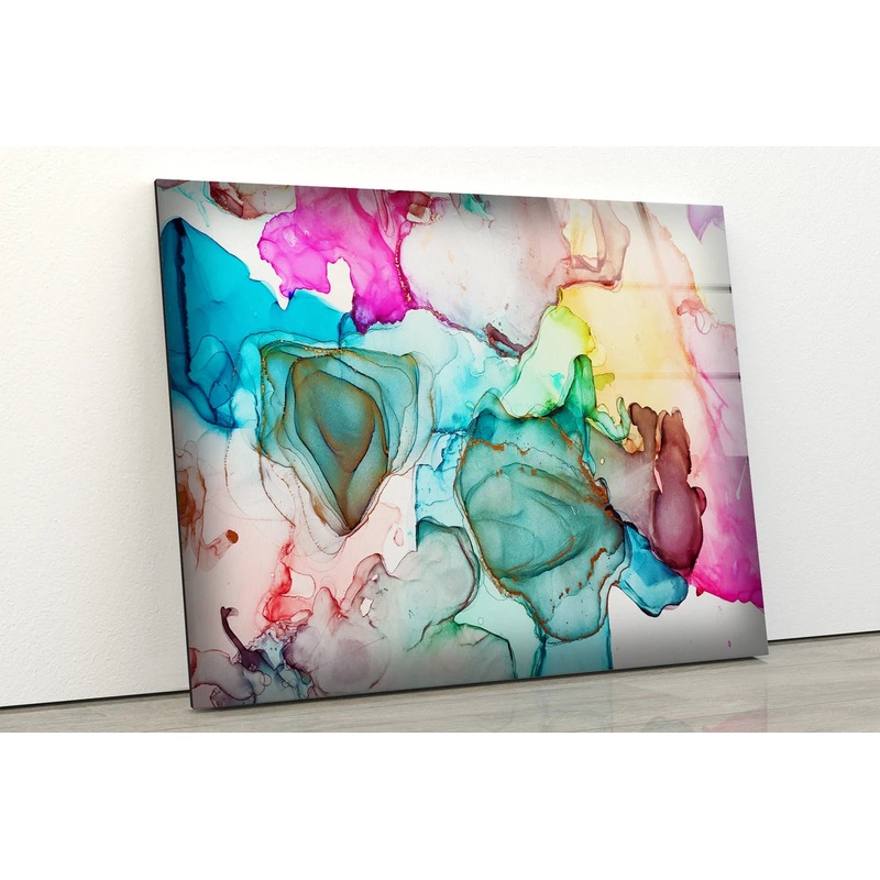 Blue Pink Yellow Colorful Abstract Alcohol Design Acrylic Glass Print Tempered Glass Wall Art 100% Made in Australia Ready to Hang