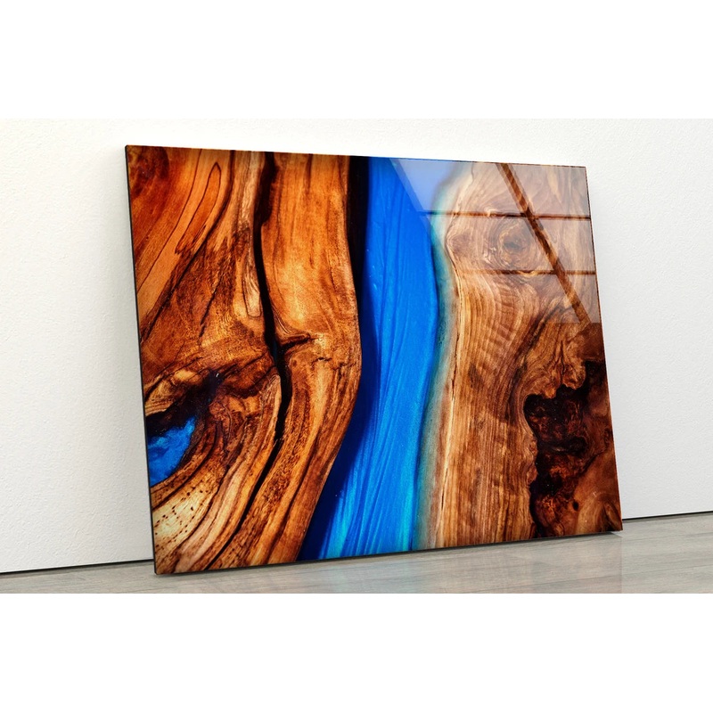 Blue Resin & Wood Design Acrylic Glass Print Tempered Glass Wall Art 100% Made in Australia Ready to Hang