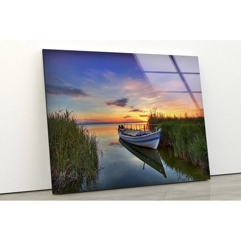 Boat on Lake Sunset Scenery Photograph Acrylic Glass Print Tempered Glass Wall Art 100% Made in Australia Ready to Hang