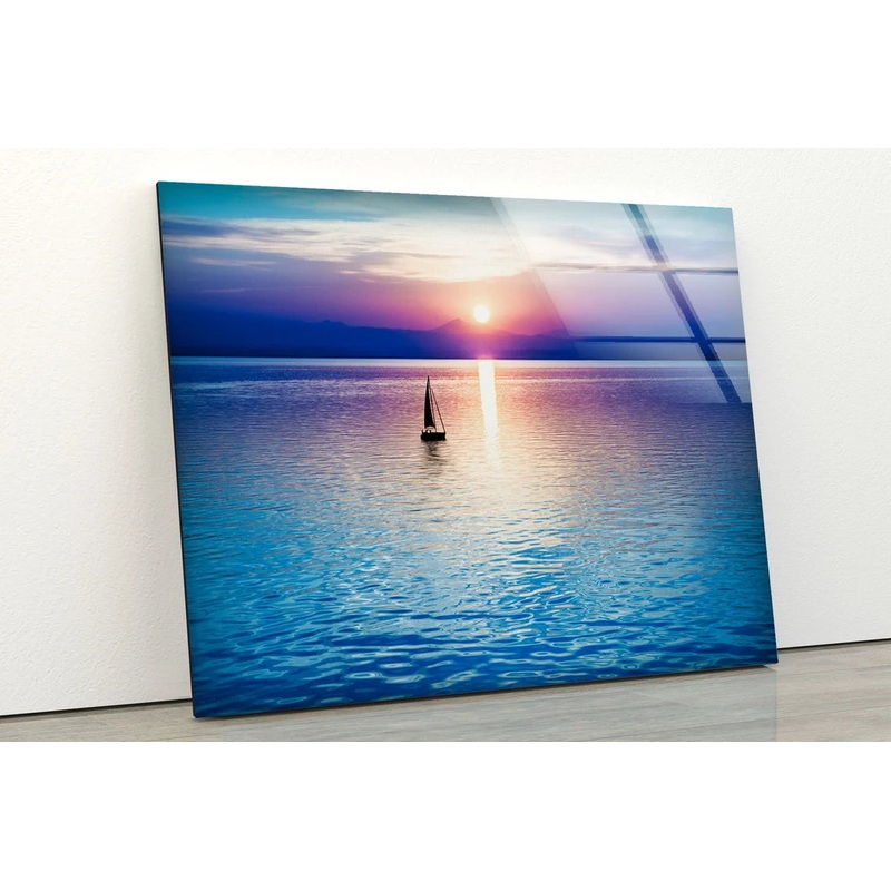Boat on Sea Sunset Photograph Acrylic Glass Print Tempered Glass Wall Art 100% Made in Australia Ready to Hang