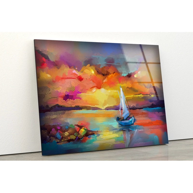 Boat on Sea Watercolor Painting Acrylic Glass Print Tempered Glass Wall Art 100% Made in Australia Ready to Hang