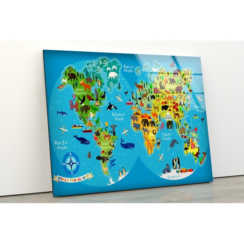 Colorful Kids World Map Vector Acrylic Glass Print Tempered Glass Wall Art 100% Made in Australia Ready to Hang