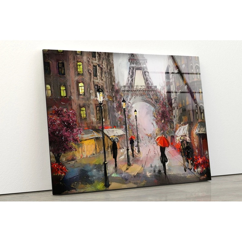 Eiffel Tower & People Walking in Street Oil Painting Acrylic Glass Print Tempered Glass Wall Art 100% Made in Australia Ready to Hang