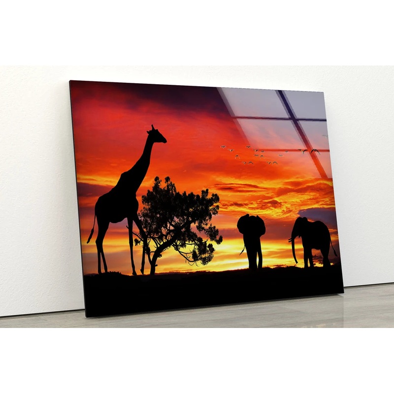 Giraffe & Elephants Sunset Design Acrylic Glass Print Tempered Glass Wall Art 100% Made in Australia Ready to Hang