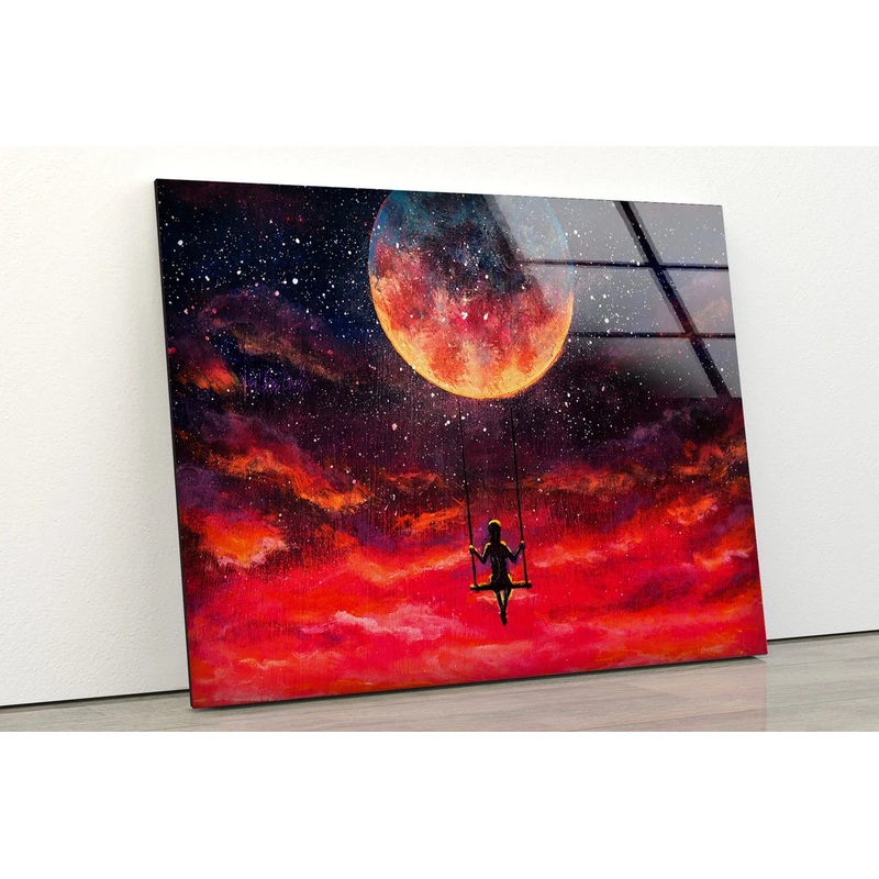 Girl on Swings Red Sky with Moon Painting Acrylic Glass Print Tempered Glass Wall Art 100% Made in Australia Ready to Hang