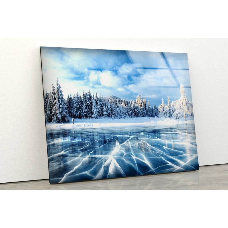 Snow Covered Forest & Frozen Lake Photograph Acrylic Glass Print Tempered Glass Wall Art 100% Made in Australia Ready to Hang
