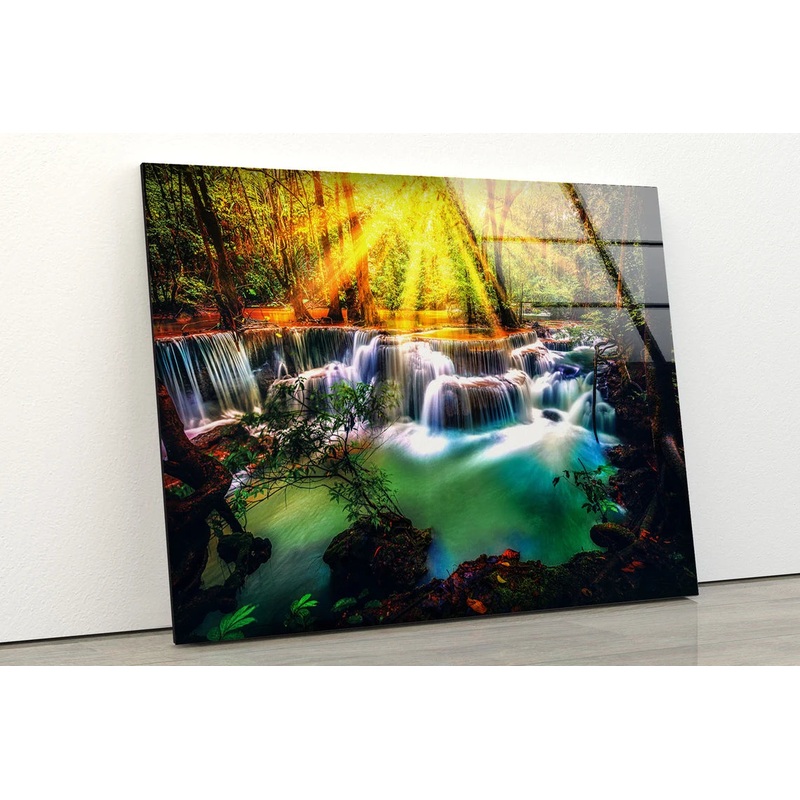 Sunrays on Autumn Forest Waterfall Photograph Acrylic Glass Print Tempered Glass Wall Art 100% Made in Australia Ready to Hang
