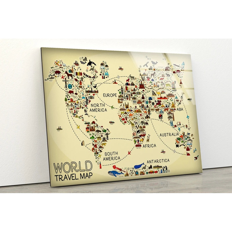 Travel World Map With Icons Design Acrylic Glass Print Tempered Glass Wall Art 100% Made in Australia Ready to Hang