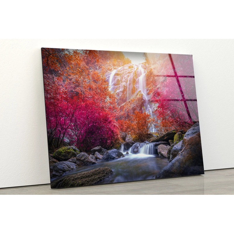 Waterfall in Colorful Forest Photograph Acrylic Glass Print Tempered Glass Wall Art 100% Made in Australia Ready to Hang