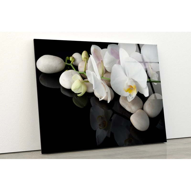 White Flowers & Stones Photograph Acrylic Glass Print Tempered Glass Wall Art 100% Made in Australia Ready to Hang