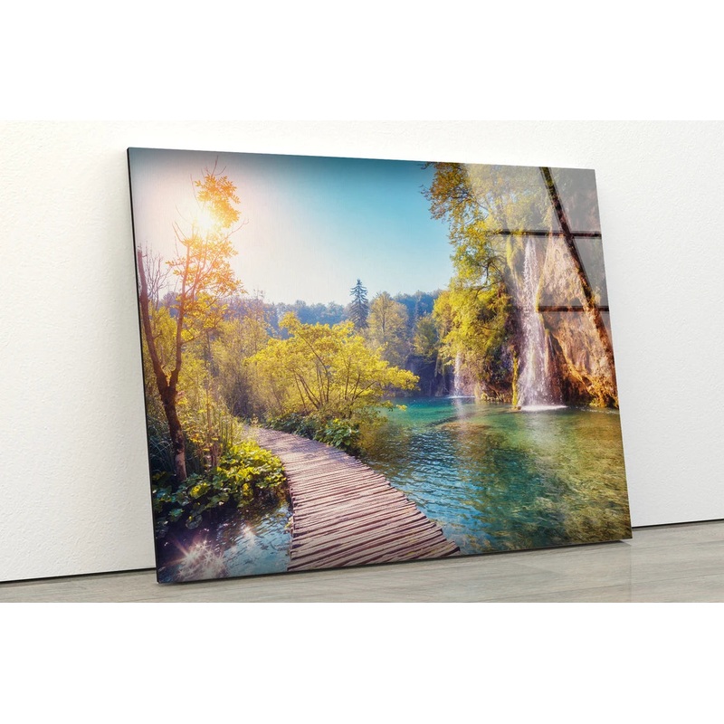 Wooden Pier Near Waterfall Photograph Acrylic Glass Print Tempered Glass Wall Art 100% Made in Australia Ready to Hang