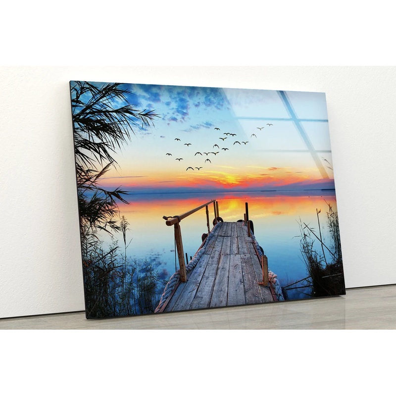 Wooden Pier Over Lake Sunset Photograph Acrylic Glass Print Tempered Glass Wall Art 100% Made in Australia Ready to Hang