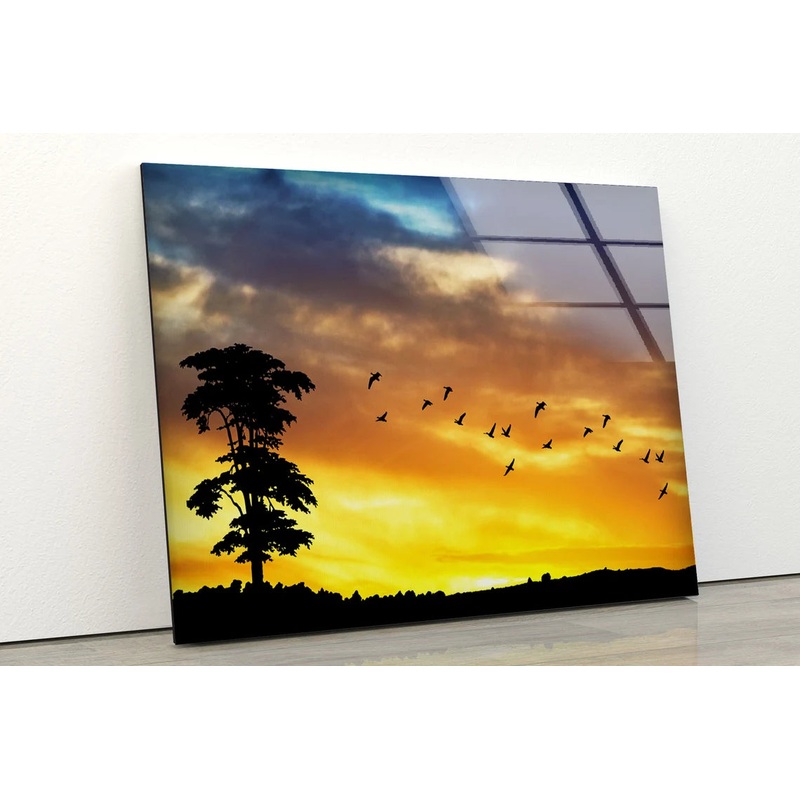 Birds on Sunset Sky with Tree View Photograph Acrylic Glass Print Tempered Glass Wall Art 100% Made in Australia Ready to Hang