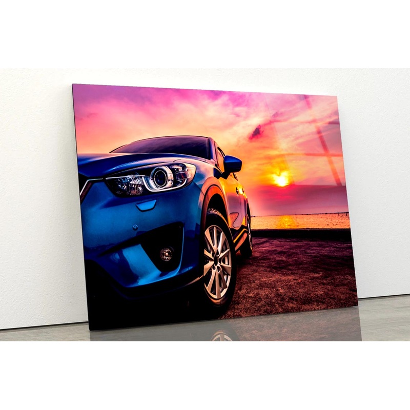 Blue Compact SUV Car Sea At Sunset Acrylic Glass Print Tempered Glass Wall Art 100% Made in Australia Ready to Hang