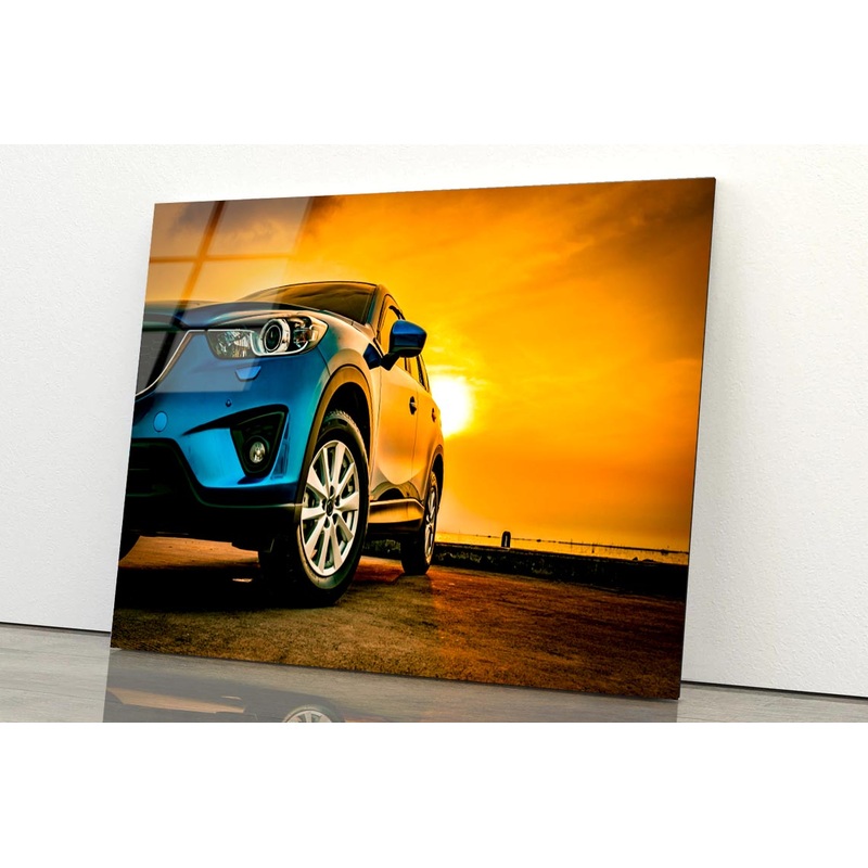 Blue Mazda SUV Parked on A Beach Acrylic Glass Print Tempered Glass Wall Art 100% Made in Australia Ready to Hang