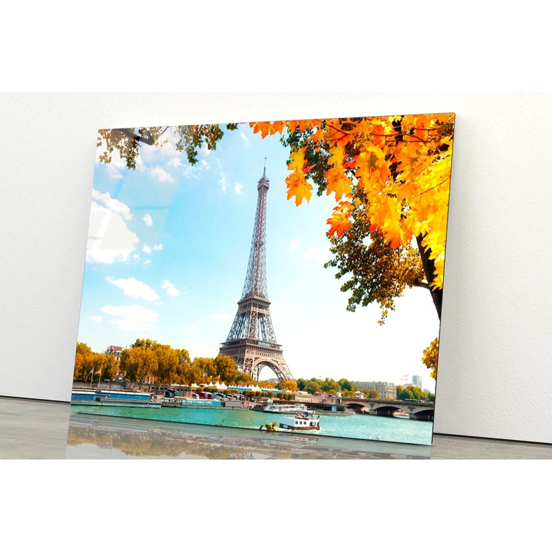 Boat Is in The Water Near the Eiffel Tower Acrylic Glass Print Tempered Glass Wall Art 100% Made in Australia Ready to Hang