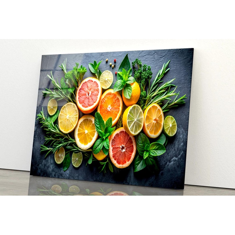 Citrus Fruit and Mint Sprigs  Acrylic Glass Print Tempered Glass Wall Art 100% Made in Australia Ready to Hang