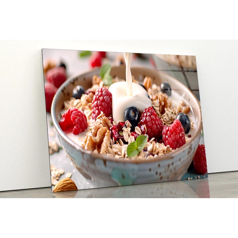 Close Up of Milk Pouring onto Oats  Acrylic Glass Print Tempered Glass Wall Art 100% Made in Australia Ready to Hang