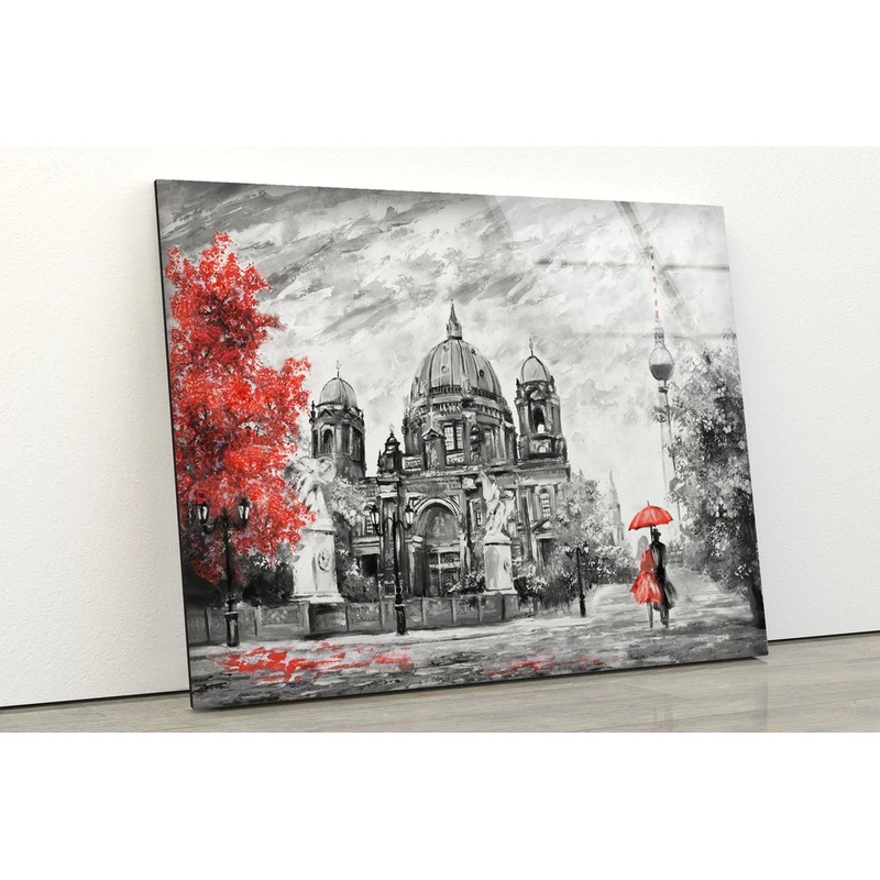 Couple Near Building B&W and Red Painting Acrylic Glass Print Tempered Glass Wall Art 100% Made in Australia Ready to Hang