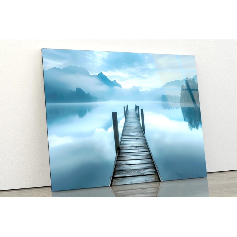 Dock On a Lake with Mountains in The Background  Acrylic Glass Print Tempered Glass Wall Art 100% Made in Australia Ready to Hang