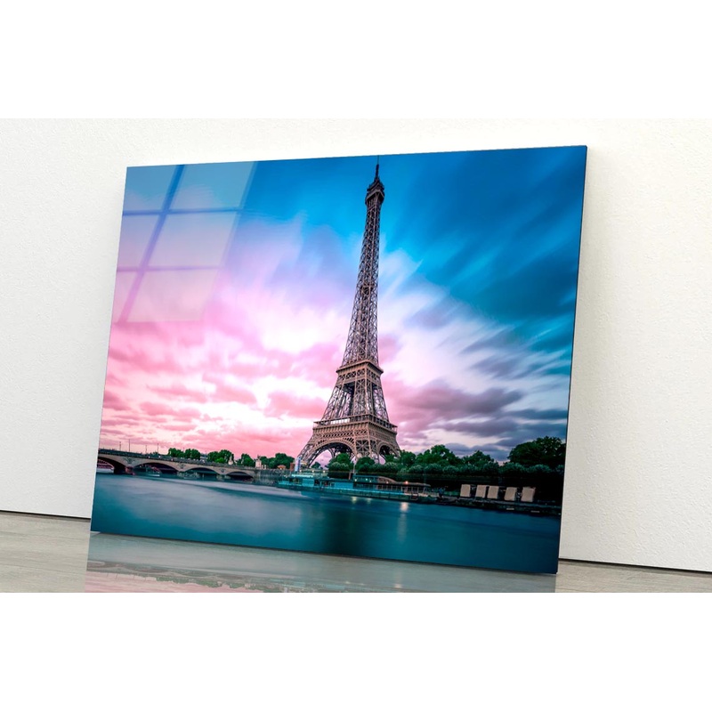 Eiffel Tower From Seine River with Evening Purple Blue Sky Acrylic Glass Print Tempered Glass Wall Art 100% Made in Australia Ready to Hang