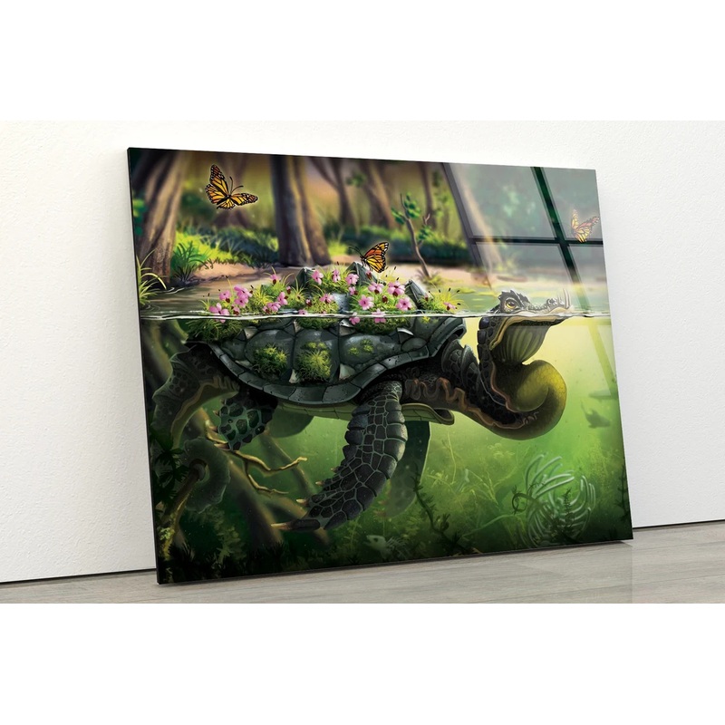 Flowers & Butterflies on Tortoise Digital Painting Acrylic Glass Print Tempered Glass Wall Art 100% Made in Australia Ready to Hang