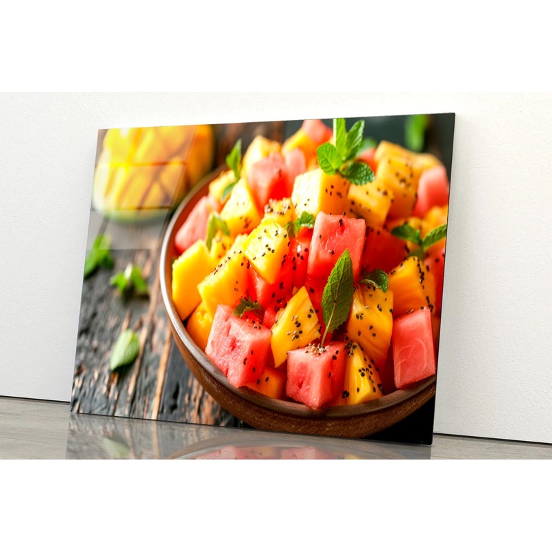 Fruit Salad Featuring Juicy Watermelon, Pineapple, And Mango with A Hint of Mint  Acrylic Glass Print Tempered Glass Wall Art 100% Made in Australia Ready to Hang