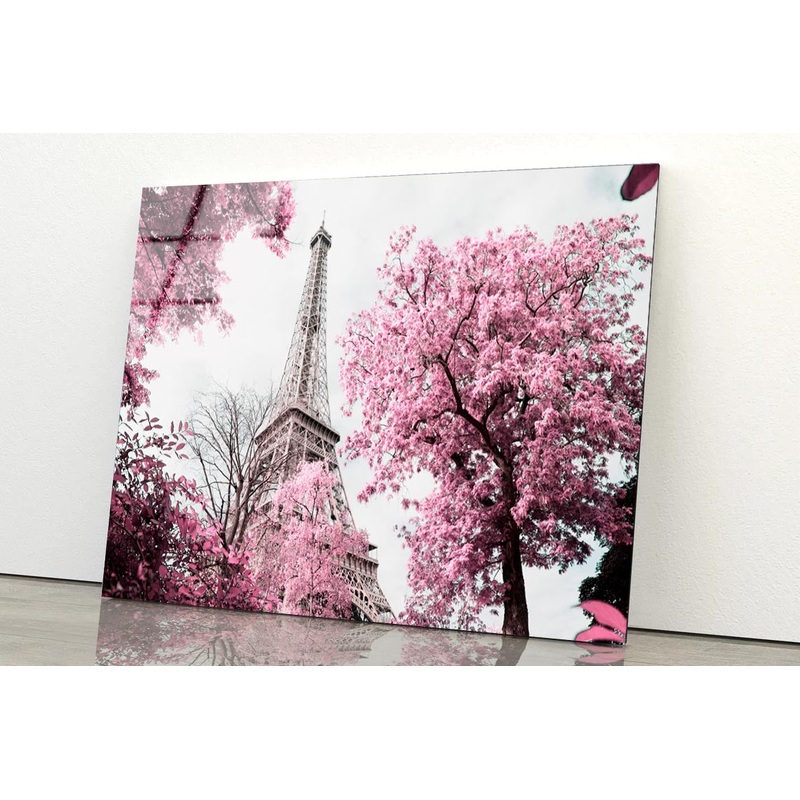 Pink Tree In Front of The Eiffel Tower Acrylic Glass Print Tempered Glass Wall Art 100% Made in Australia Ready to Hang