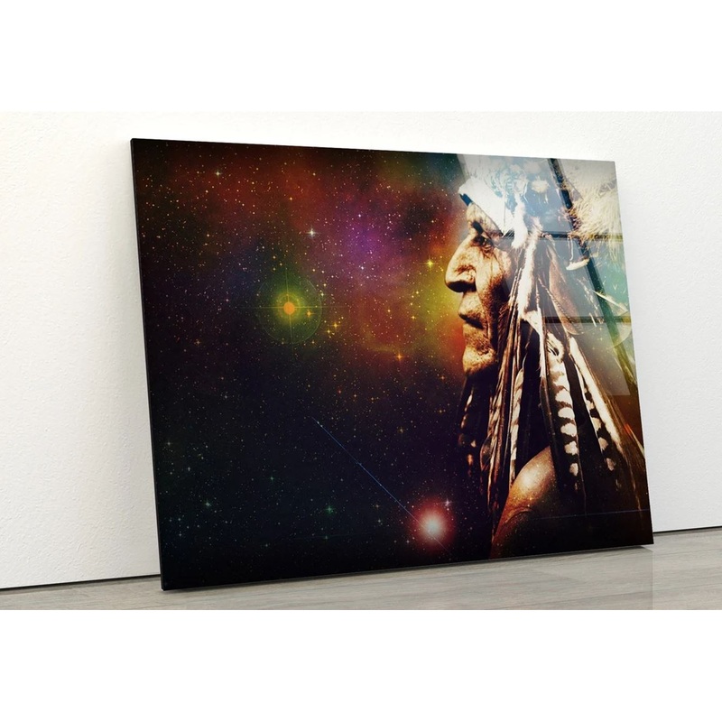 Red Indian Man with Feather Headdress Design Acrylic Glass Print Tempered Glass Wall Art 100% Made in Australia Ready to Hang