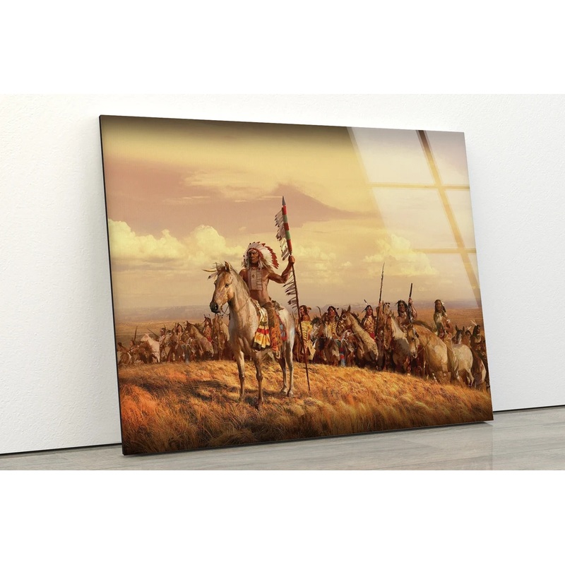 Red Indians on Horses Watercolor Painting Acrylic Glass Print Tempered Glass Wall Art 100% Made in Australia Ready to Hang