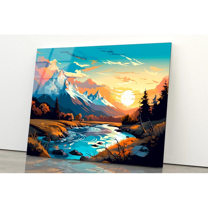 Sunset Over Mountain River  Acrylic Glass Print Tempered Glass Wall Art 100% Made in Australia Ready to Hang