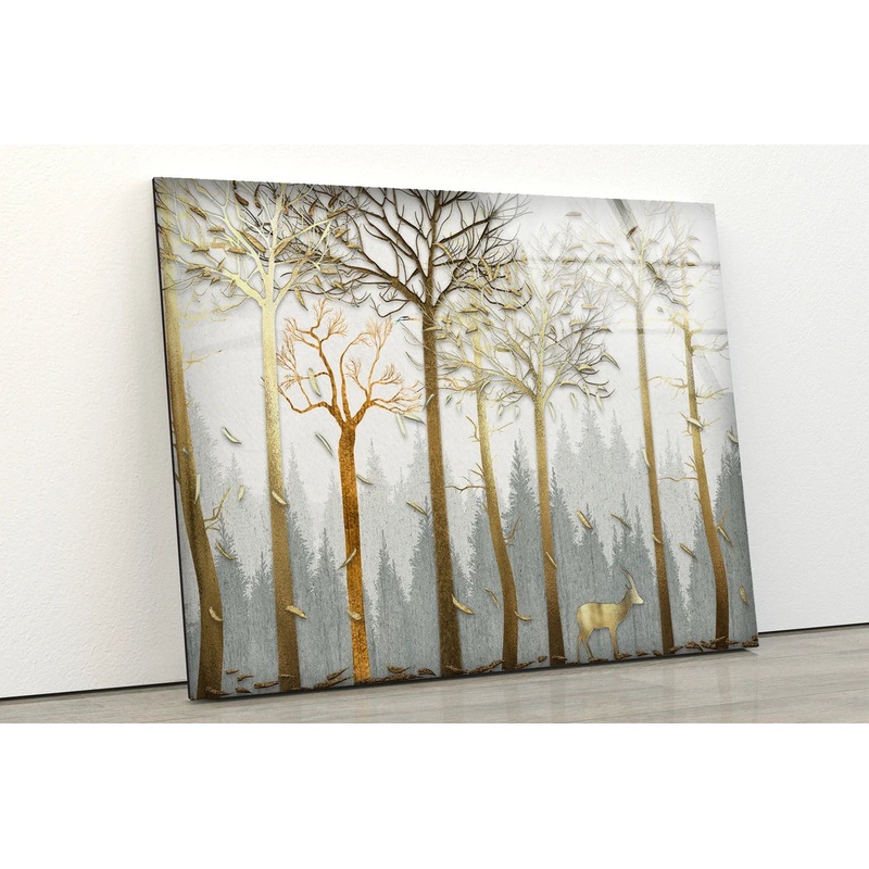 Trees & Deer Gold 3D Design Acrylic Glass Print Tempered Glass Wall Art 100% Made in Australia Ready to Hang