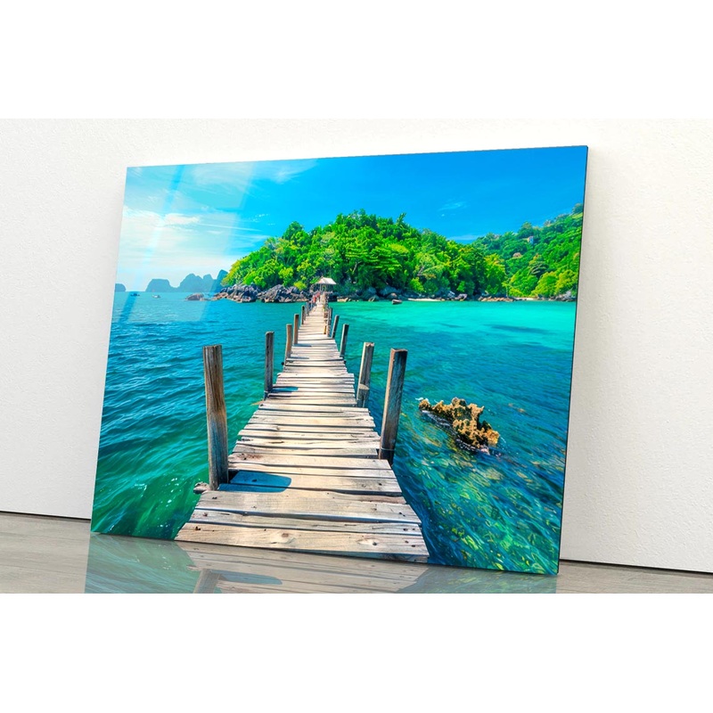 Wooden Pier Leads to An Island with Clear Blue Water and Lush Greenery  Acrylic Glass Print Tempered Glass Wall Art 100% Made in Australia Ready to Hang