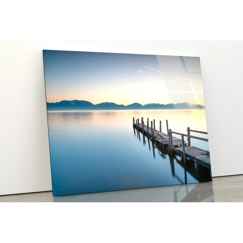Wooden Pier or Jetty and Lake At Sunrise  Acrylic Glass Print Tempered Glass Wall Art 100% Made in Australia Ready to Hang