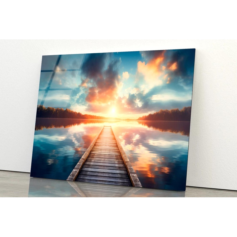 Wooden Pier Over a Calm Lake During Sunrise  Acrylic Glass Print Tempered Glass Wall Art 100% Made in Australia Ready to Hang