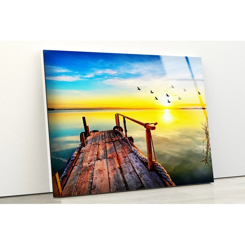 Birds Flying Over Wooden Pier & Lake Sunrise View Photograph Acrylic Glass Print Tempered Glass Wall Art 100% Made in Australia Ready to Hang