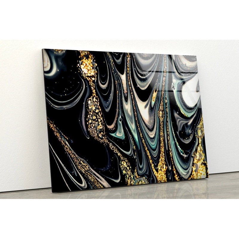 Black Blue Sliver & Gold Abstract Liquid Design Acrylic Glass Print Tempered Glass Wall Art 100% Made in Australia Ready to Hang