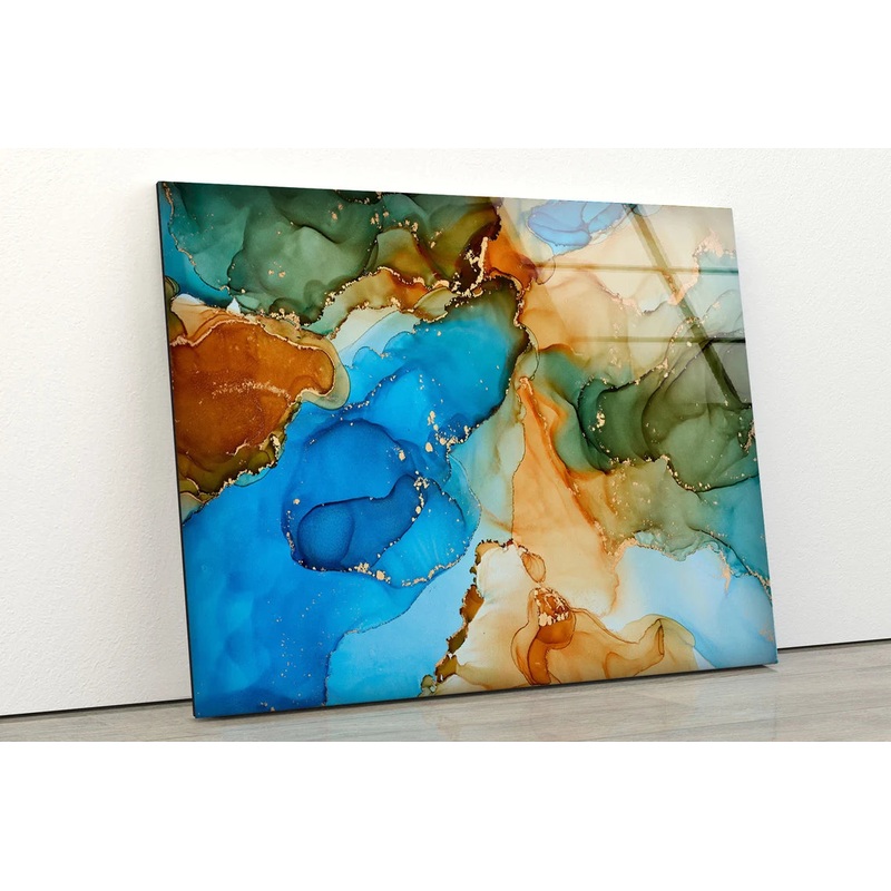 Blue Brown Green & Gold Abstract Design Acrylic Glass Print Tempered Glass Wall Art 100% Made in Australia Ready to Hang
