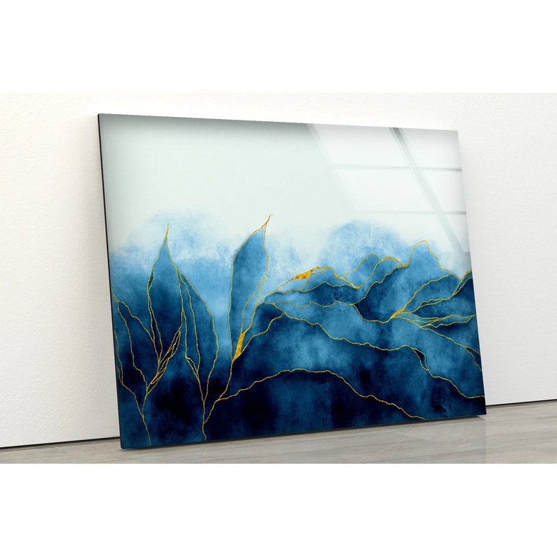 Blue White & Gold Abstract Design Acrylic Glass Print Tempered Glass Wall Art 100% Made in Australia Ready to Hang