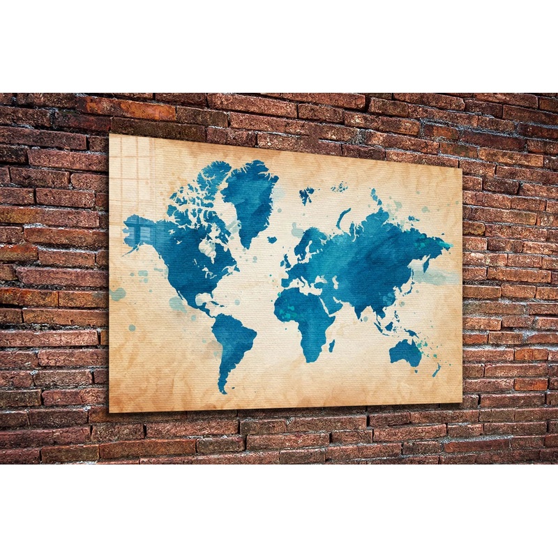 Blue World Map Vector Print Tempered Glass Wall Art 100% Made in Australia Ready to Hang