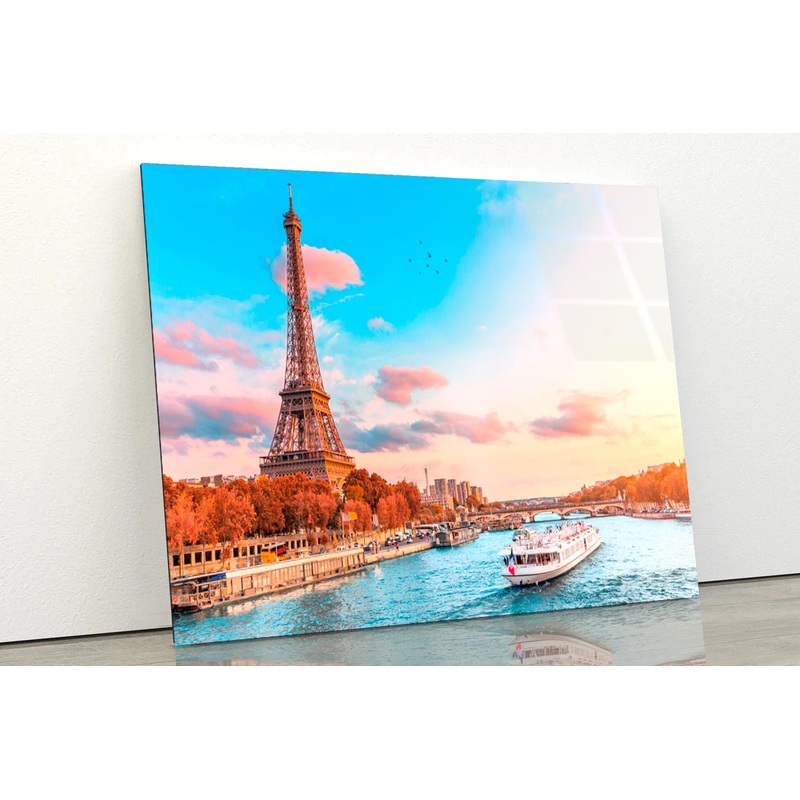 Boat on River & Sunset Eiffel Tower View Acrylic Glass Print Tempered Glass Wall Art 100% Made in Australia Ready to Hang