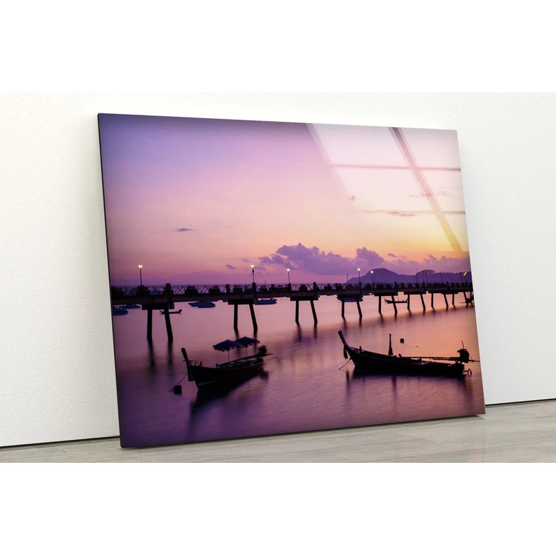 Boats on Lake Sunset Photograph Acrylic Glass Print Tempered Glass Wall Art 100% Made in Australia Ready to Hang