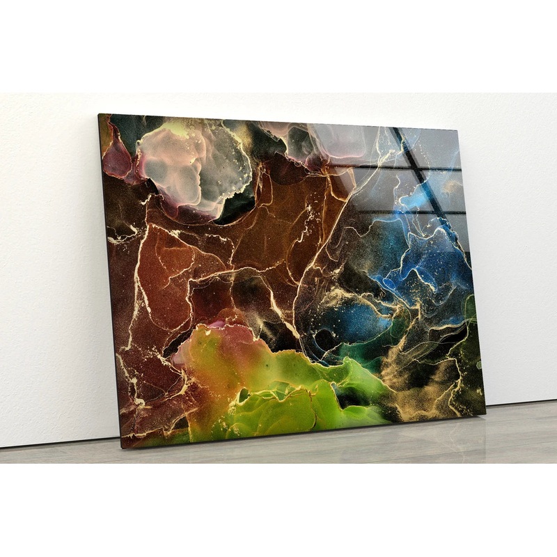Brown Green Blue & Gold Abstract Design Acrylic Glass Print Tempered Glass Wall Art 100% Made in Australia Ready to Hang
