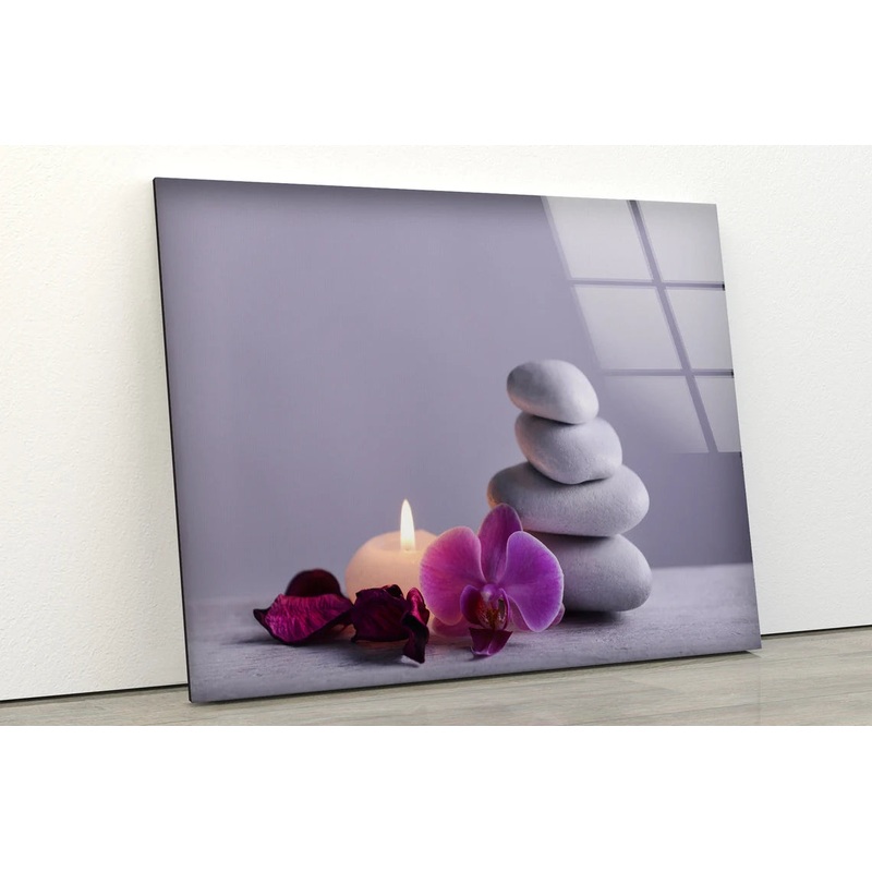 Candle Pink Flowers &  Zen Stones Photograph Acrylic Glass Print Tempered Glass Wall Art 100% Made in Australia Ready to Hang