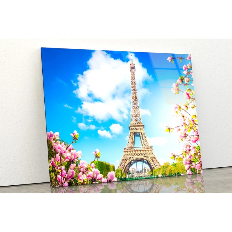 Eiffel Tower In Paris with Pink Flowers Acrylic Glass Print Tempered Glass Wall Art 100% Made in Australia Ready to Hang