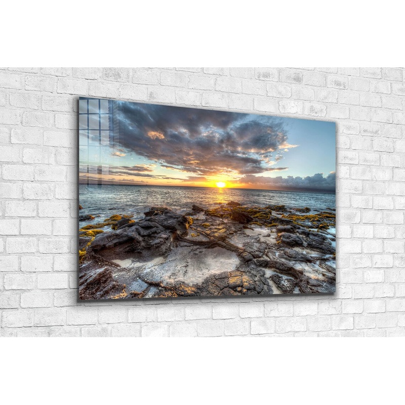Rocks near Sea Sunset Print Tempered Glass Wall Art 100% Made in Australia Ready to Hang