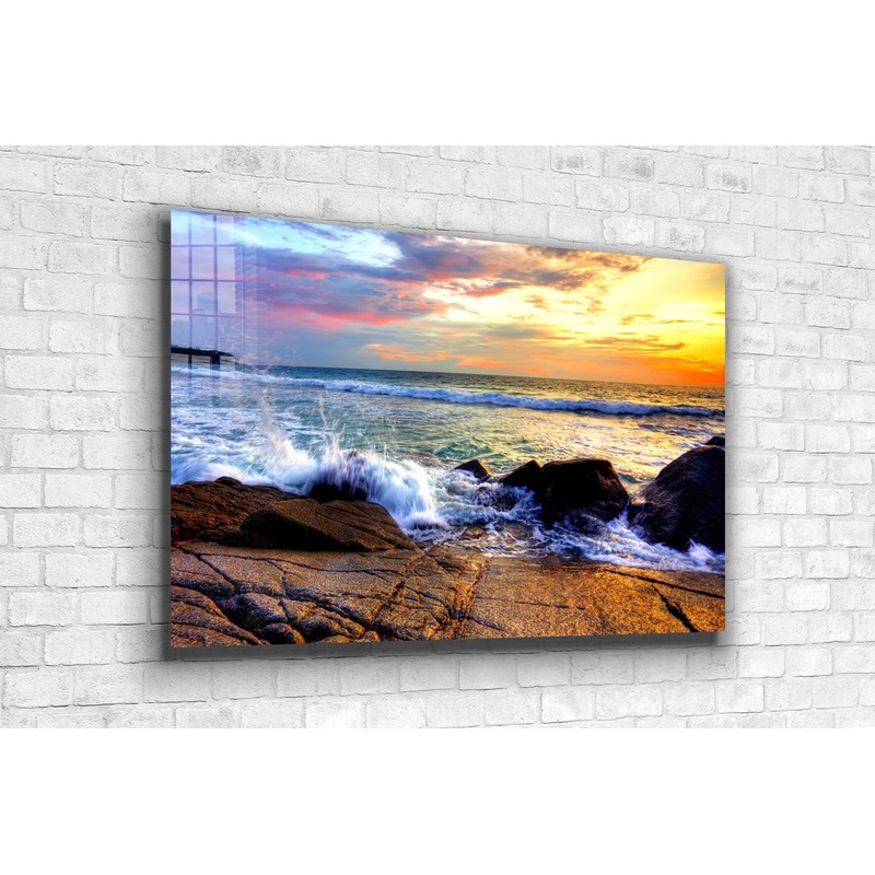 Seasplash on Rocks Sky Print Tempered Glass Wall Art 100% Made in Australia Ready to Hang