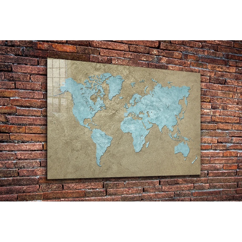 Vintage Blue World Map Print Tempered Glass Wall Art 100% Made in Australia Ready to Hang